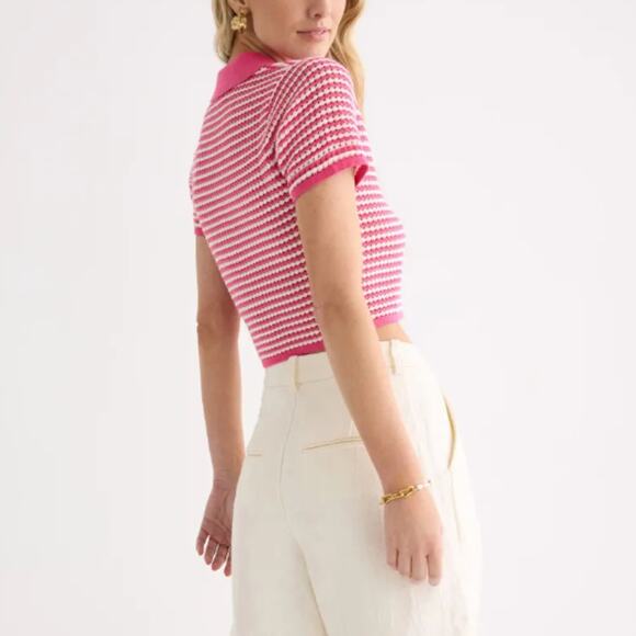 Derek Lam White Pink Polo Crop Top SMALL Baby Tee Striped Designer Preppy $220 - Picture 2 of 10
